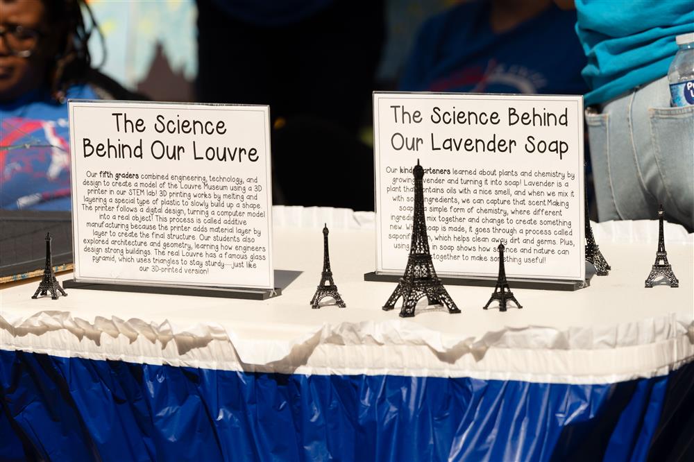 A display near Frye Elementary describing the scientific skills they used to create their Paris-themed showcase.